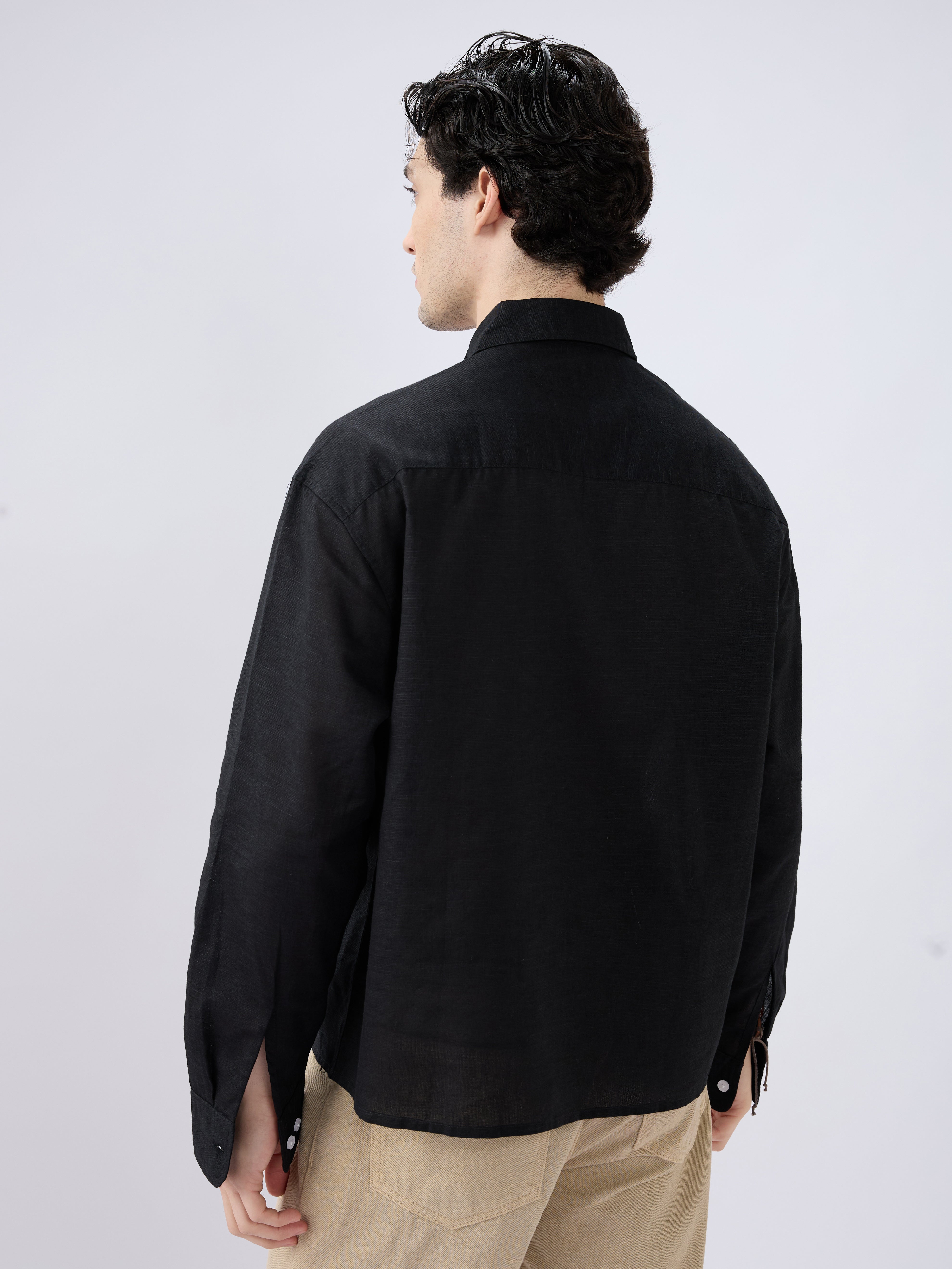 Black Subtle Linen Texture Oversized Crop Shirt