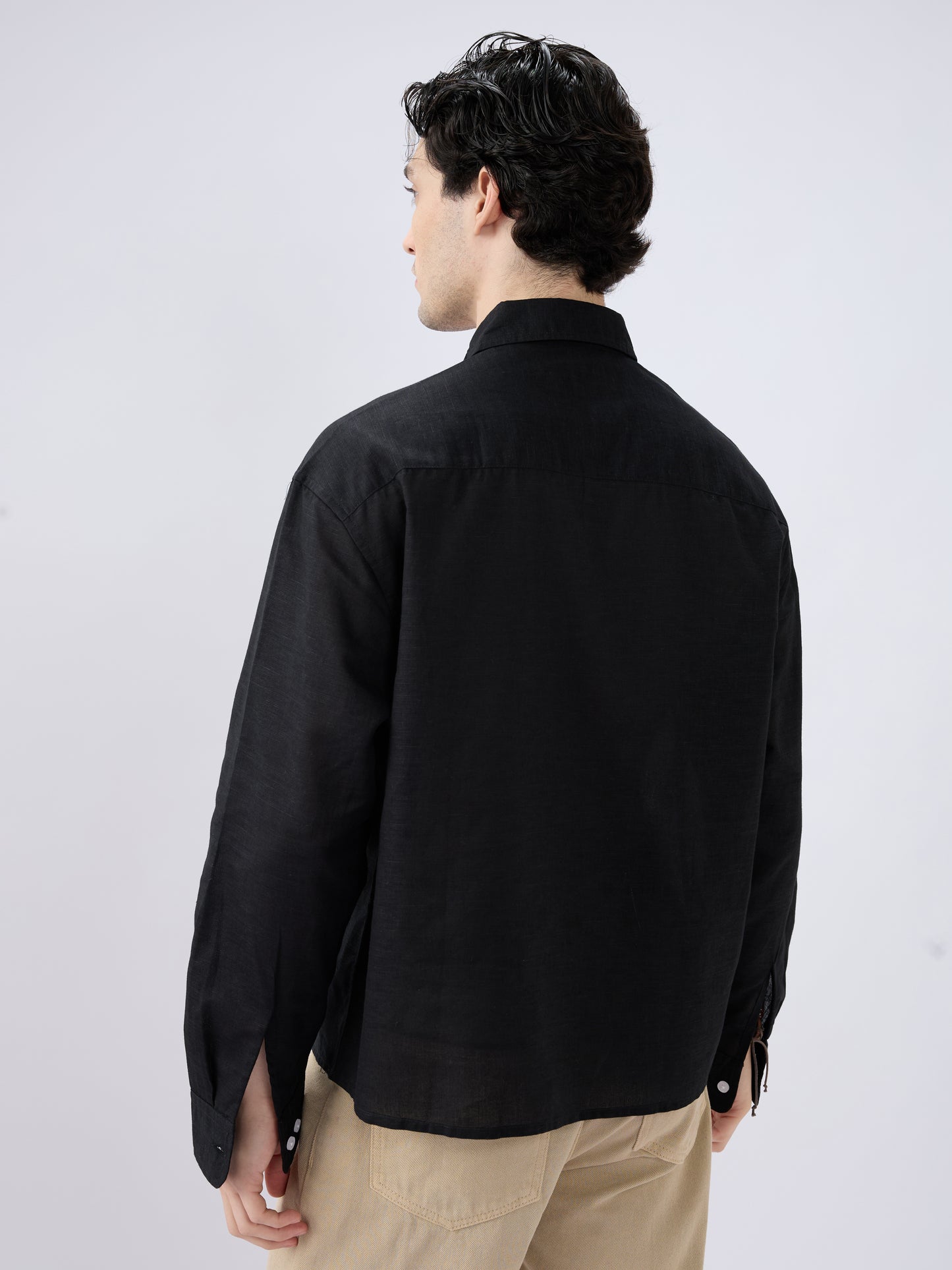 Black Subtle Linen Texture Oversized Crop Shirt