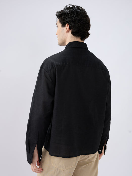 Black Subtle Linen Texture Oversized Crop Shirt