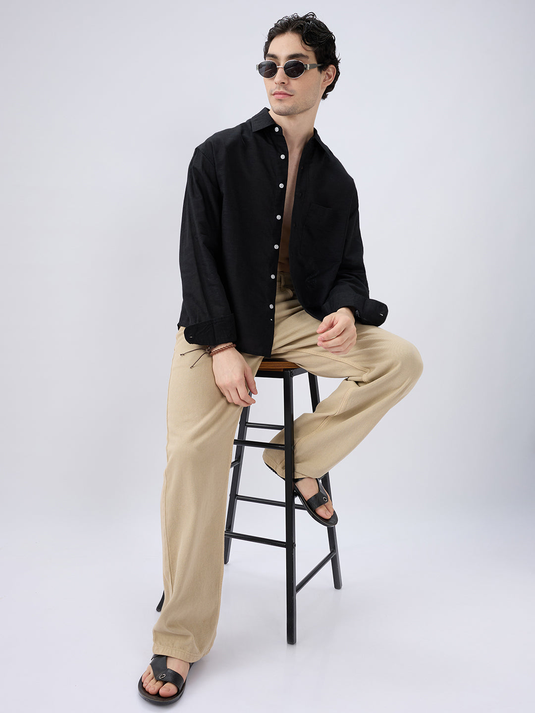 Black Subtle Linen Texture Oversized Crop Shirt