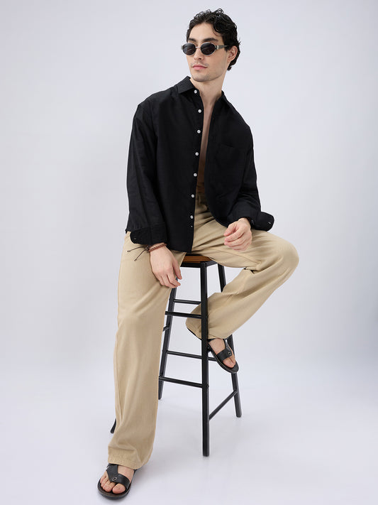 Black Subtle Linen Texture Oversized Crop Shirt