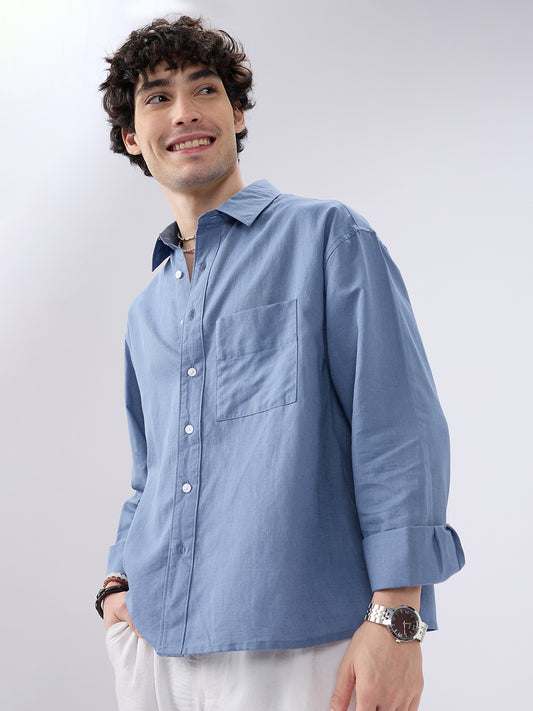 Glaucous Blue Linen Luxe Boxy Fit Crop Shirt
