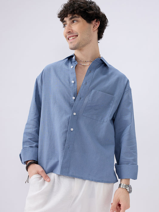 Glaucous Blue Linen Luxe Boxy Fit Crop Shirt