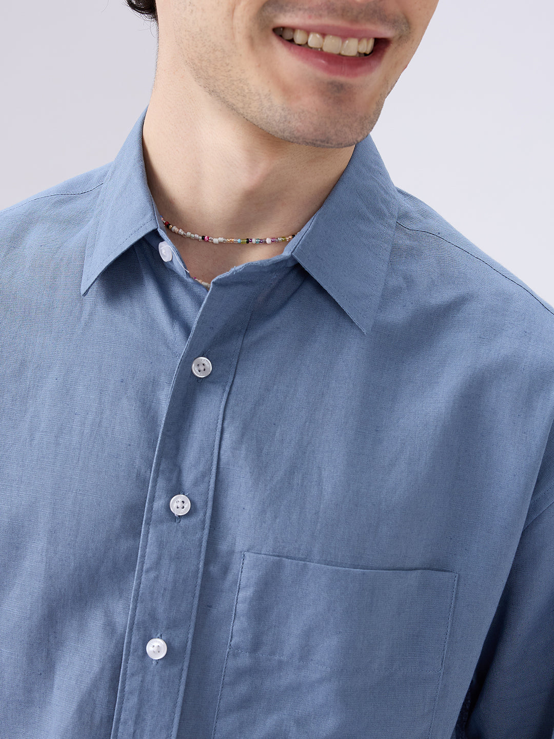 Glaucous Blue Linen Luxe Boxy Fit Crop Shirt