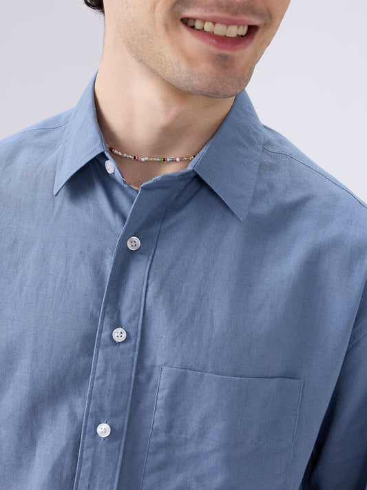 Glaucous Blue Linen Luxe Boxy Fit Crop Shirt