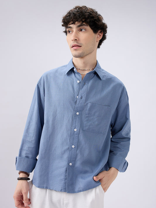 Glaucous Blue Linen Luxe Boxy Fit Crop Shirt