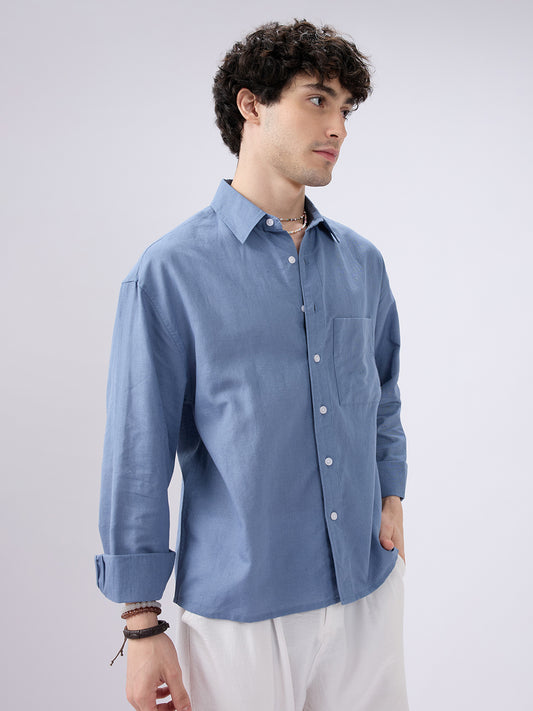 Glaucous Blue Linen Luxe Boxy Fit Crop Shirt