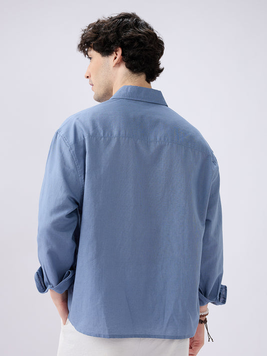 Glaucous Blue Linen Luxe Boxy Fit Crop Shirt