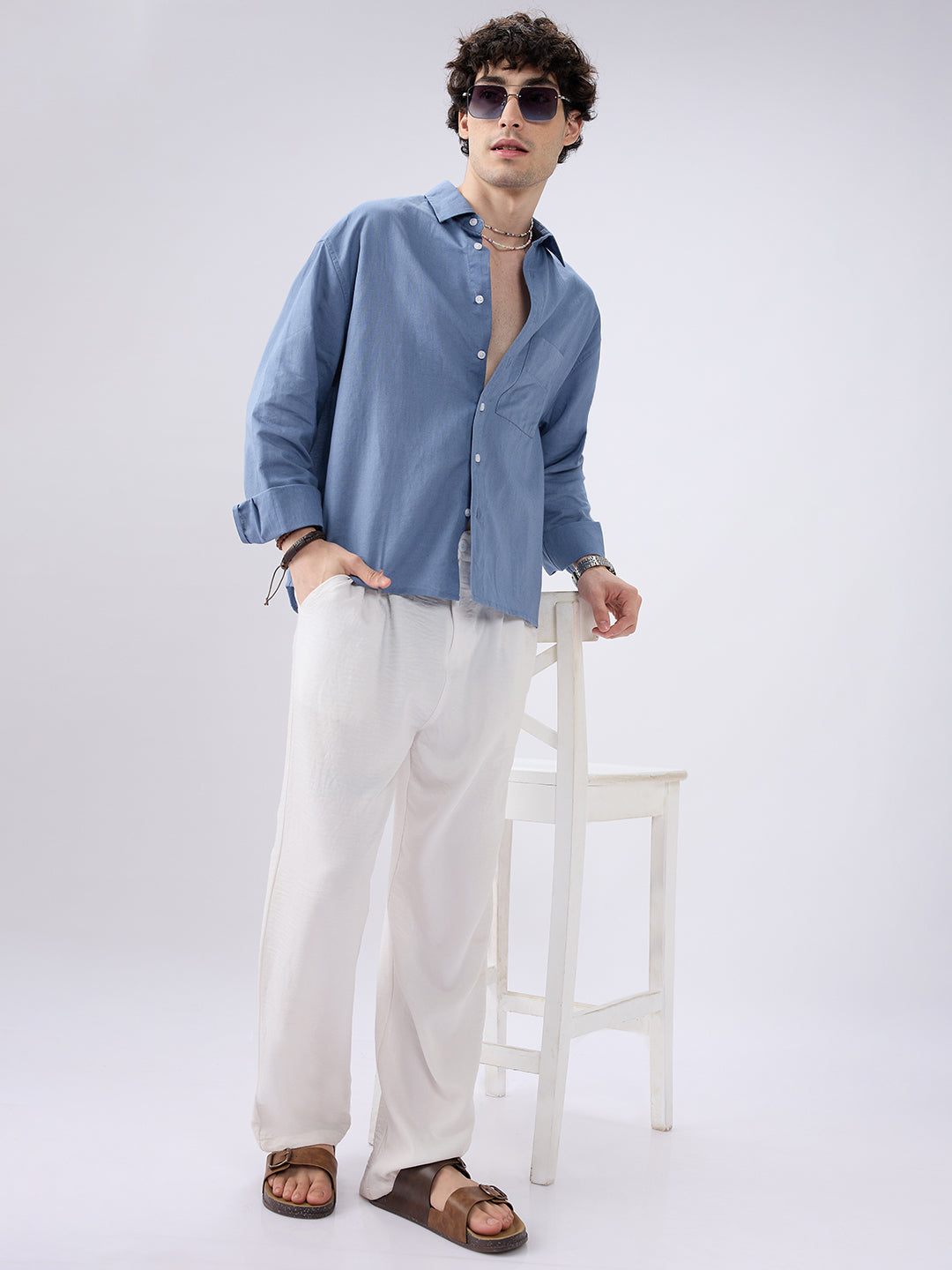 Glaucous Blue Linen Luxe Boxy Fit Crop Shirt