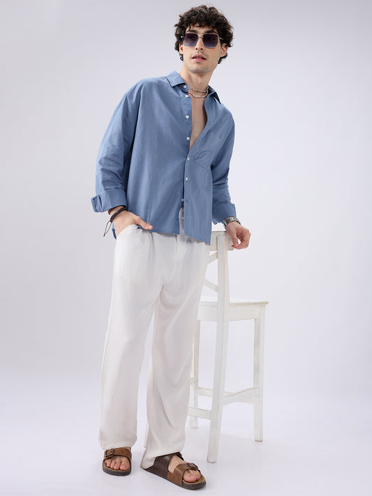 Glaucous Blue Linen Luxe Boxy Fit Crop Shirt