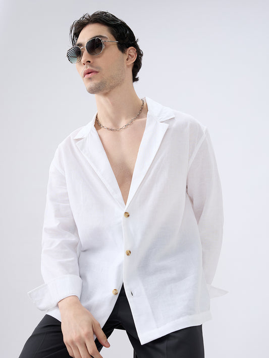 Whiteout Linen Notched Lapel Collar Oversized Shirt