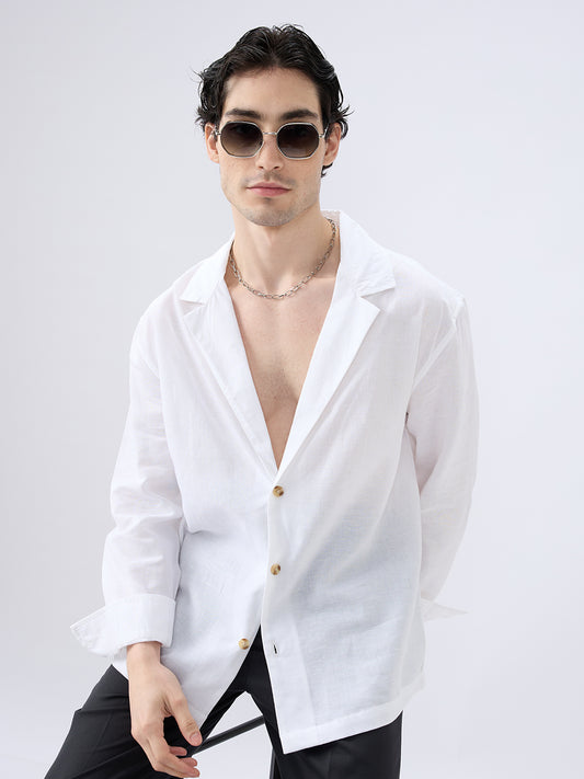Whiteout Linen Notched Lapel Collar Oversized Shirt