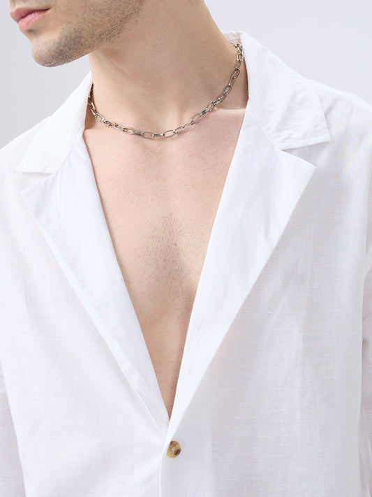Whiteout Linen Notched Lapel Collar Oversized Shirt