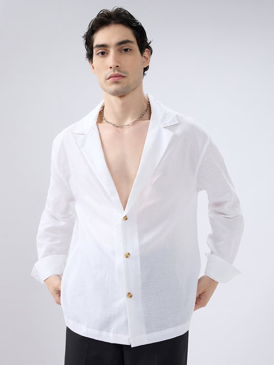 Whiteout Linen Notched Lapel Collar Oversized Shirt