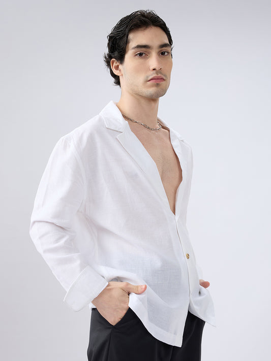 Whiteout Linen Notched Lapel Collar Oversized Shirt