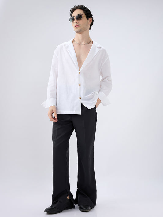 Whiteout Linen Notched Lapel Collar Oversized Shirt