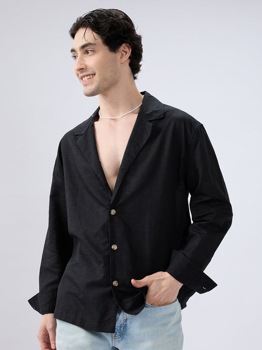 Refined Black Luxe Linen Lapel Collar Oversized Shirt