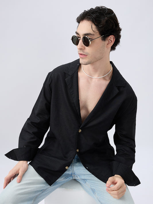 Refined Black Luxe Linen Lapel Collar Oversized Shirt