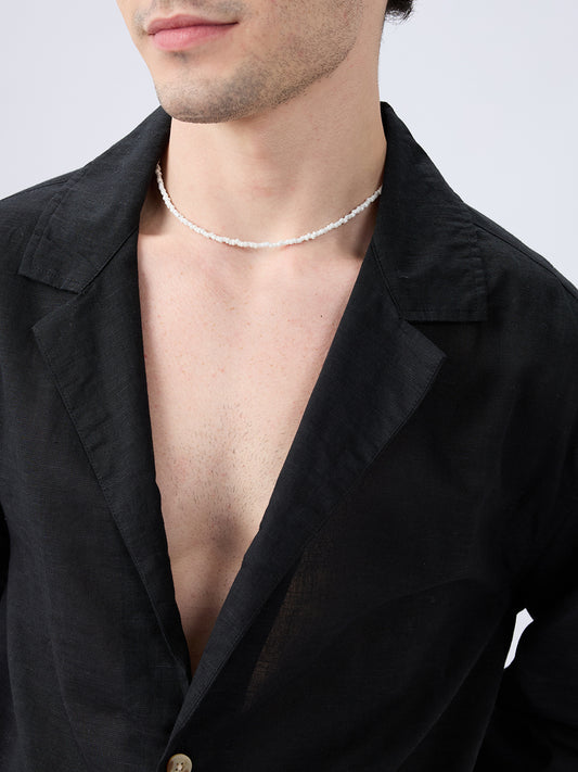 Refined Black Luxe Linen Lapel Collar Oversized Shirt