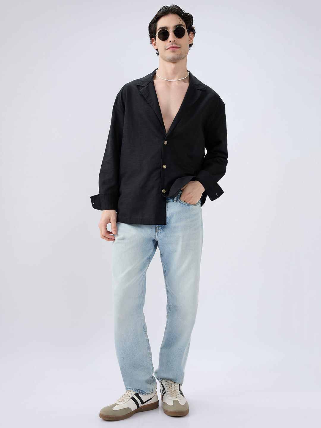 Refined Black Luxe Linen Lapel Collar Oversized Shirt