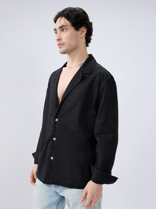 Refined Black Luxe Linen Lapel Collar Oversized Shirt