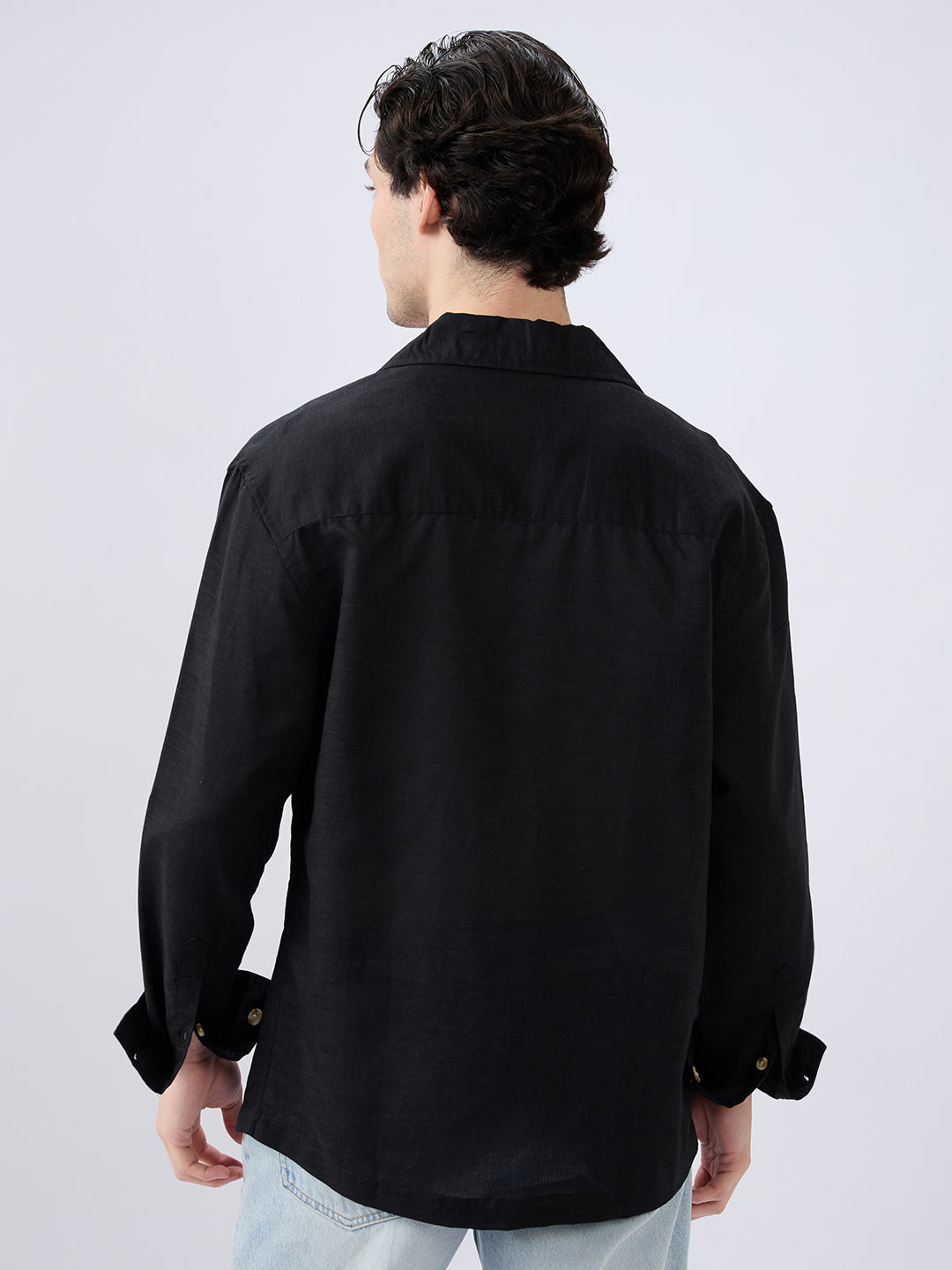 Refined Black Luxe Linen Lapel Collar Oversized Shirt