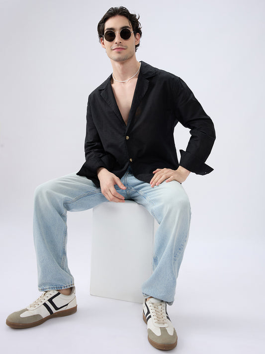 Refined Black Luxe Linen Lapel Collar Oversized Shirt