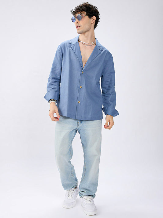 Steel Blue Linen Blend Lapel Collar Oversized Shirt