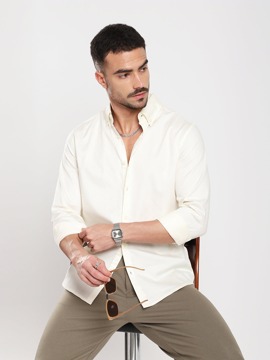 Morning Mist Satin Button-Down Collar Cream Shirt