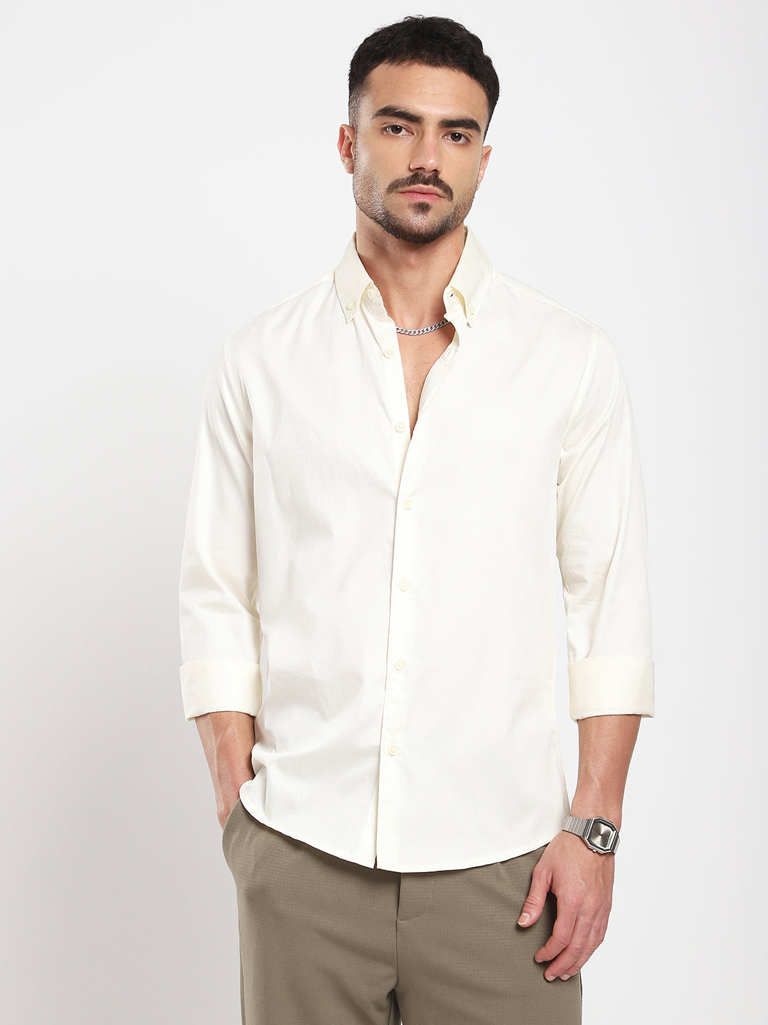 Morning Mist Satin Button-Down Collar Cream Shirt
