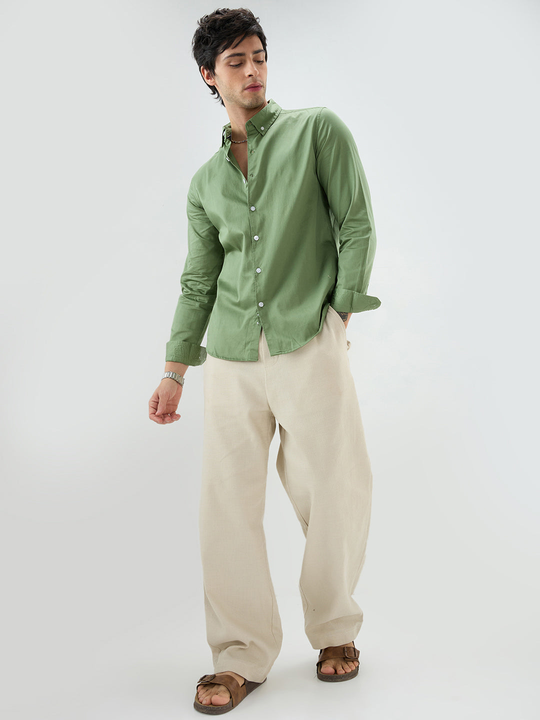 Forest Sheen Luxe Satin Button-down Collar Shirt