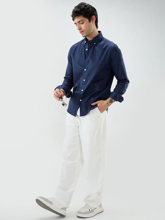 Navy Satin Luxe Button-Down Collar Shirt