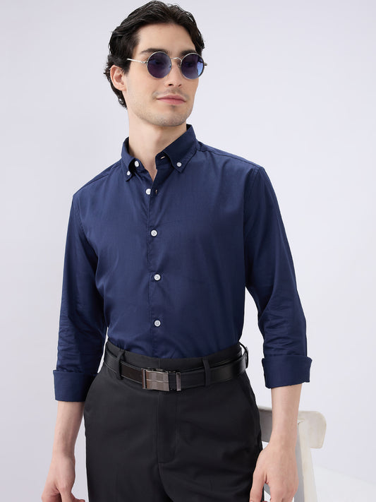 Navy Satin Luxe Button-Down Collar Shirt