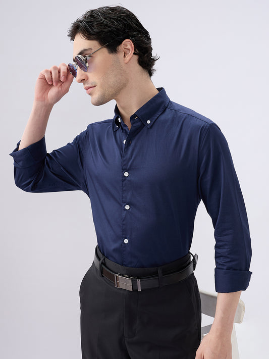 Navy Satin Luxe Button-Down Collar Shirt