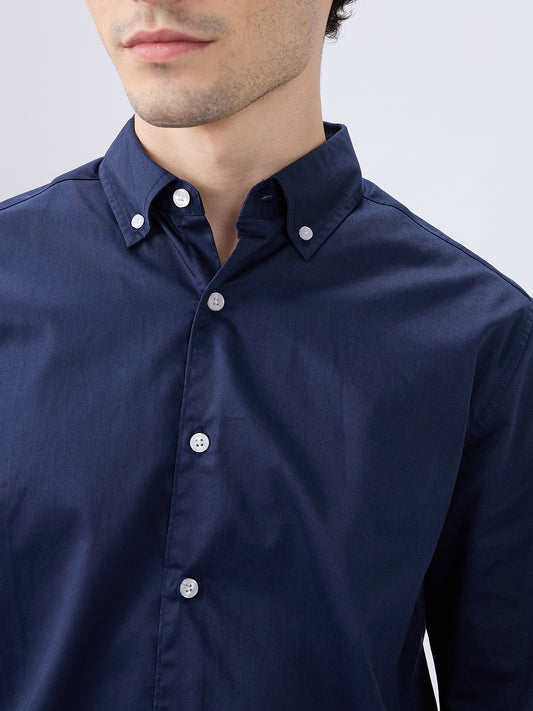 Navy Satin Luxe Button-Down Collar Shirt