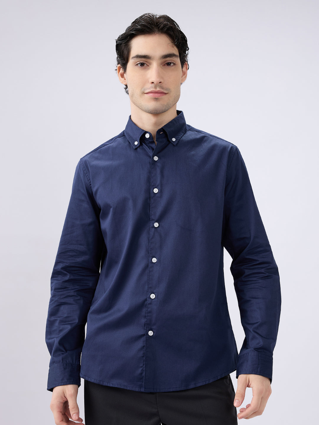 Navy Satin Luxe Button-Down Collar Shirt