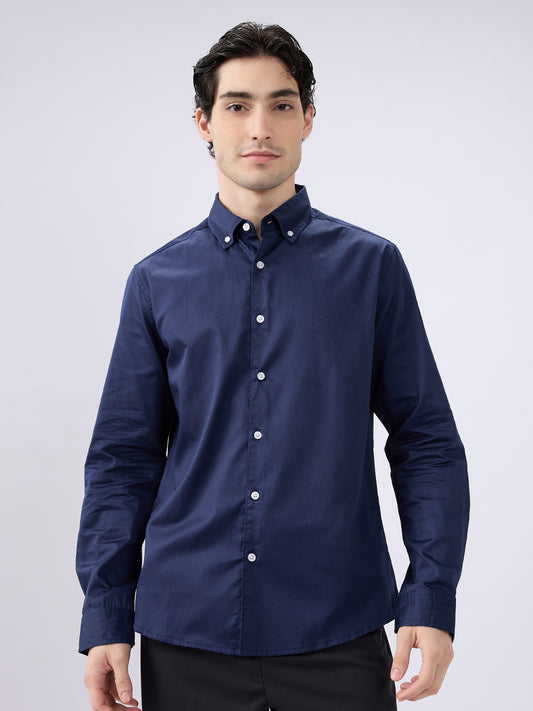 Navy Satin Luxe Button-Down Collar Shirt