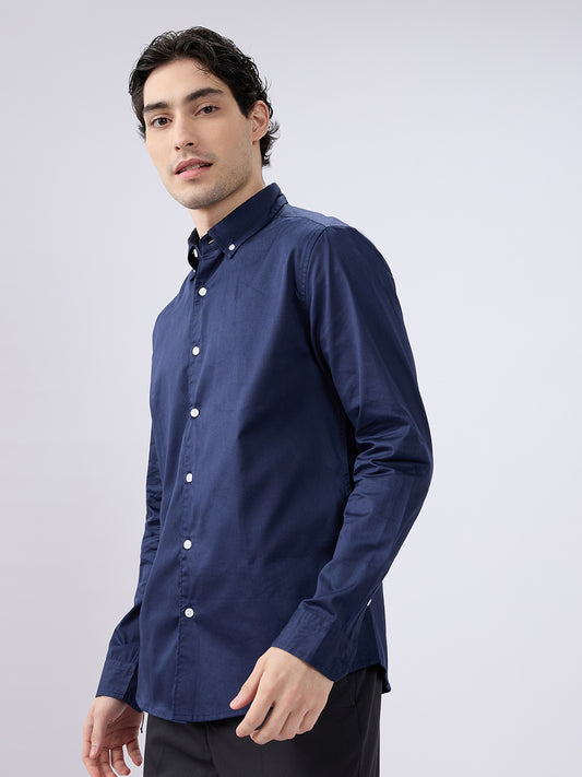 Navy Satin Luxe Button-Down Collar Shirt