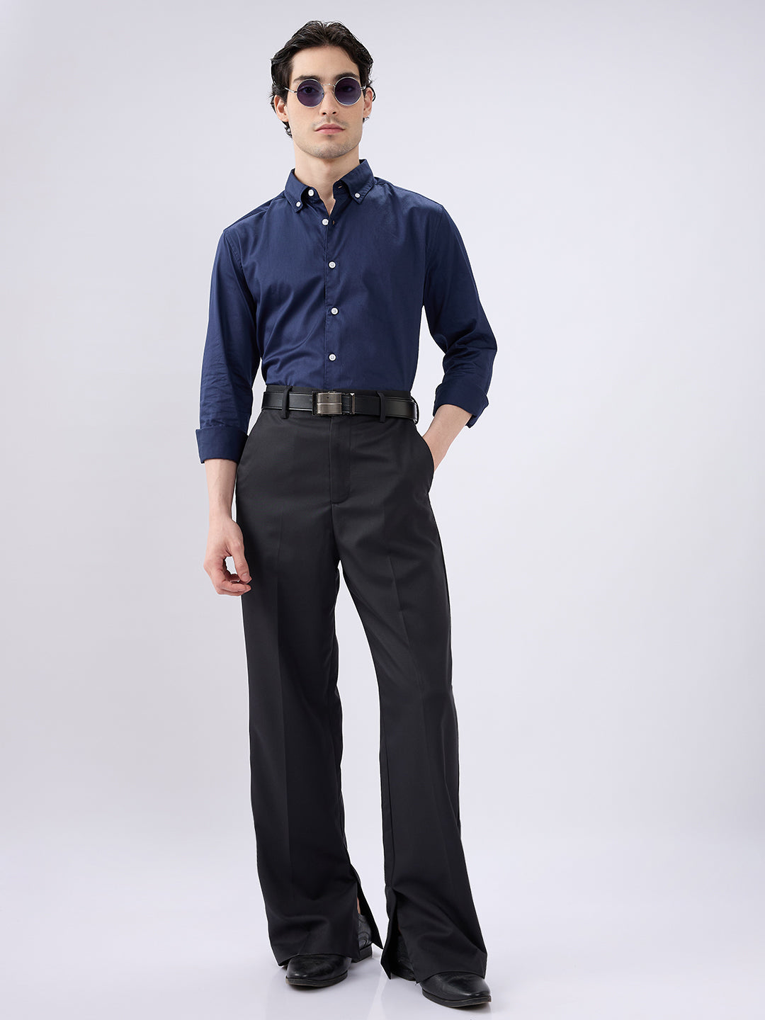 Navy Satin Luxe Button-Down Collar Shirt