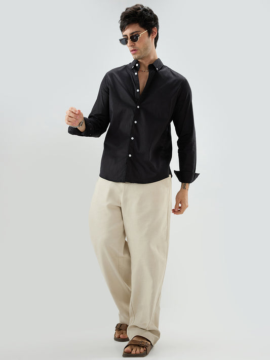 Jet Black Satin Button-Down Collar Luxe Shirt