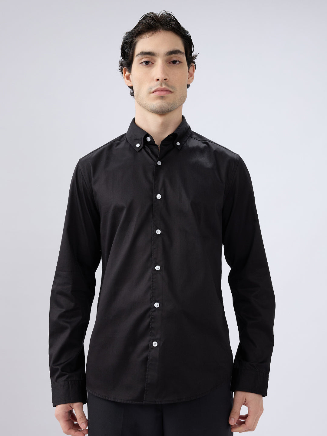 Jet Black Satin Button-Down Collar Luxe Shirt