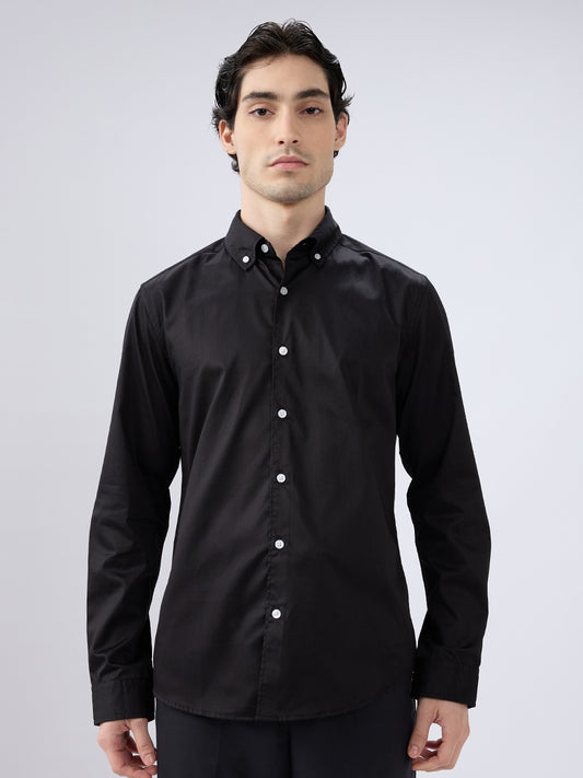 Jet Black Satin Button-Down Collar Luxe Shirt