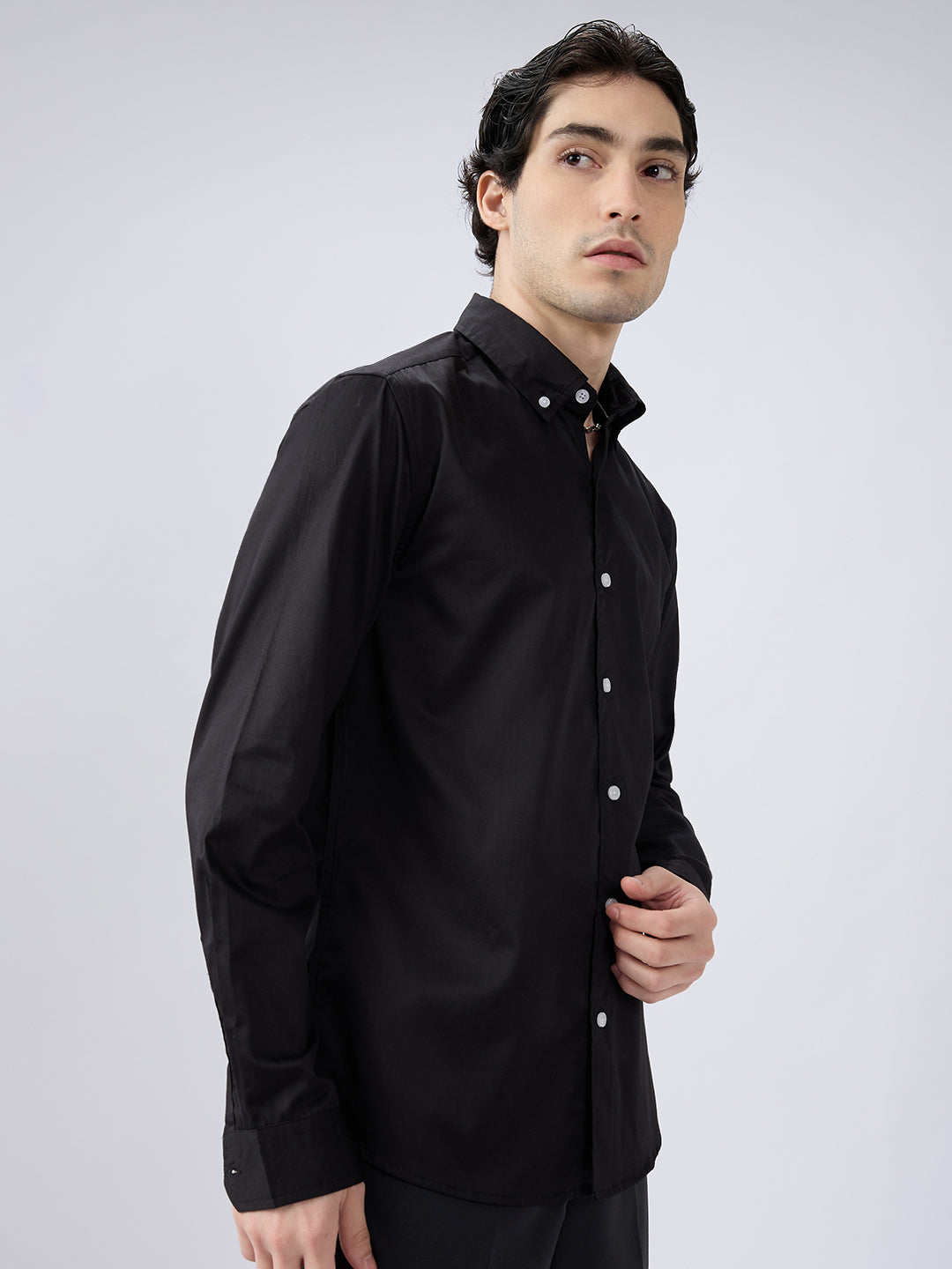 Jet Black Satin Button-Down Collar Luxe Shirt