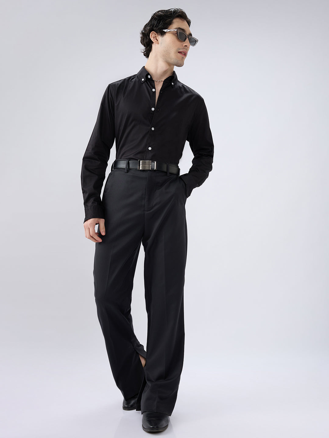 Jet Black Satin Button-Down Collar Luxe Shirt