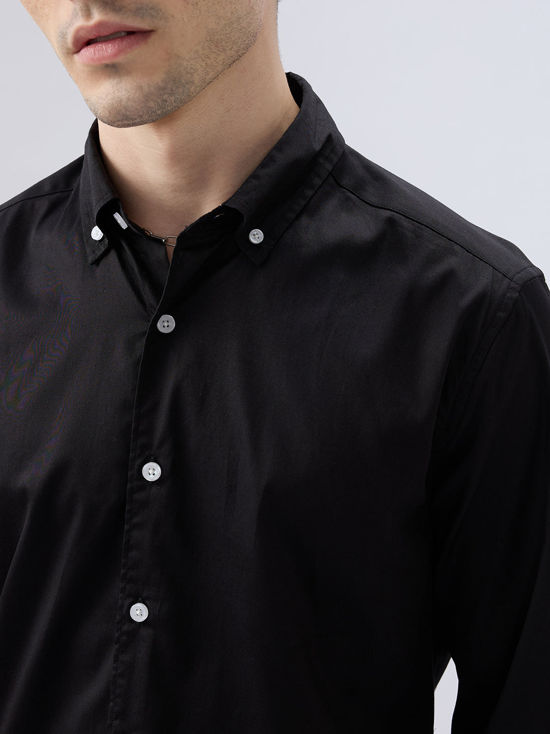 Jet Black Satin Button-Down Collar Luxe Shirt