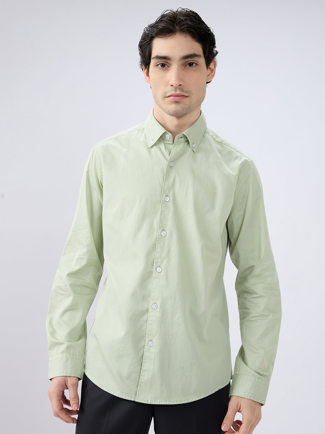 Tea Green Button-Down Collar Satin Shirt