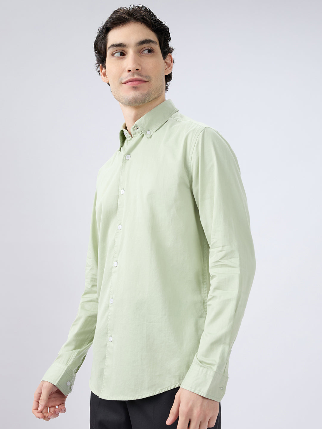 Tea Green Button-Down Collar Satin Shirt