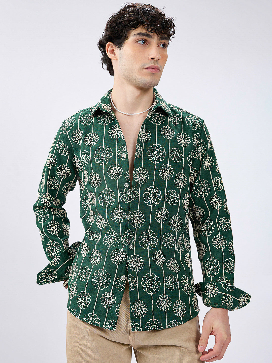 Green Baroqued Floral Loom Contrast Embroidery Shirt