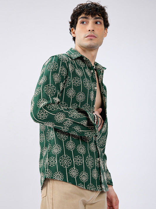 Green Baroqued Floral Loom Contrast Embroidery Shirt