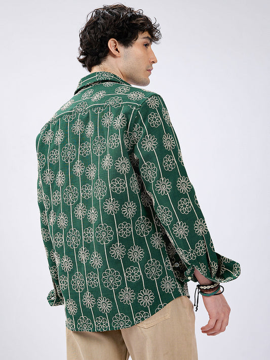 Green Baroqued Floral Loom Contrast Embroidery Shirt